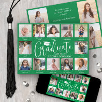 Photo Collage & Captions Green & White Graduation