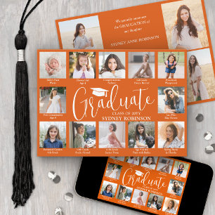 Photo Collage & Captions Orange & White Graduation Announcement