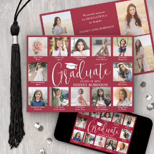 Photo Collage & Captions Red & White Graduation Announcement