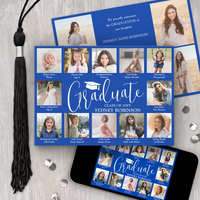 Photo Collage & Captions Royal Blue Graduation Announcement (Creator Uploaded)