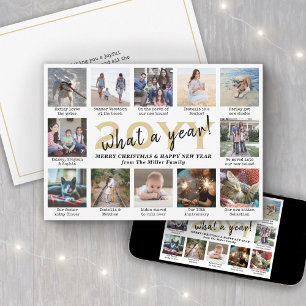 Photo Collage & Captions What a Year Gold White Holiday Card