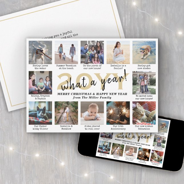 Photo Collage & Captions What a Year Gold White Holiday Card (Creator Uploaded)