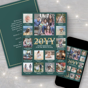 Photo Collage & Captions What a Year Green & Gold Holiday Card