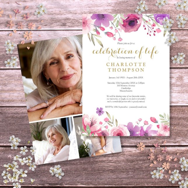 Photo Collage Celebration of Life Floral Funeral Invitation (Photo Collage Celebration of Life Floral Funeral Invitation)