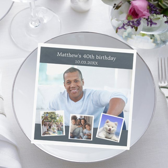 Photo collage charcoal grey birthday party napkin (Creator Uploaded)