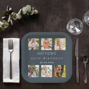 Photo collage charcoal grey birthday party paper plate
