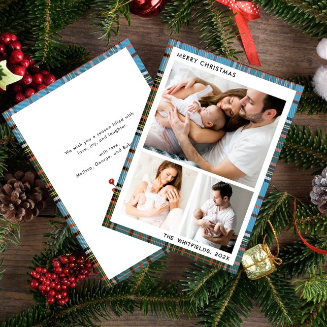 Photo Collage Christmas Tartan Holiday Card (Christmas Holidays Family Photo Collage with Baby First Greetings Card)