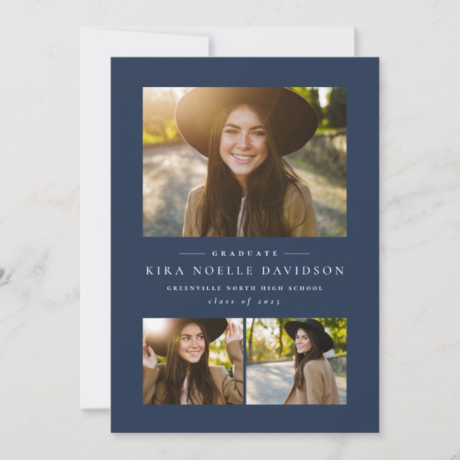 Photo collage classic navy graduation announcement (Front)
