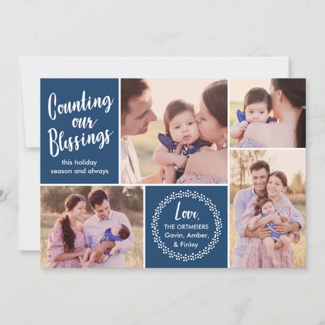Photo Collage | Counting our Blessings | Blue Holiday Card (Front)