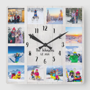 Photo Collage Country White Rustic Wood Square Wall Clock