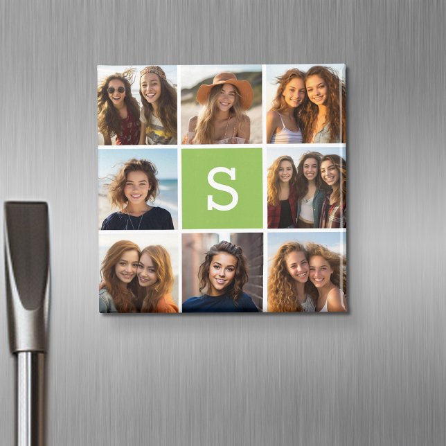 Photo Collage Custom Monogram - Lime Green Magnet (Personalized fridge magnet with photos and custom text)