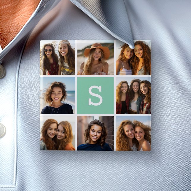 Photo Collage Custom Monogram Mint Green 2 Inch Square Button (Custom Photo Button)