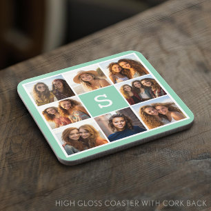 Photo Collage Custom Monogram Mint Green Coaster