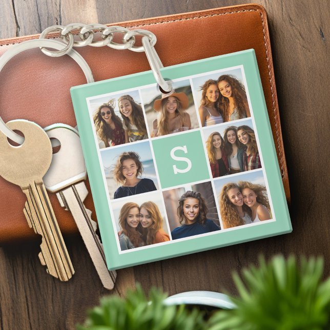 Photo Collage Custom Monogram Mint Green Keychain (Personalized keychain with photo collage and monogram)