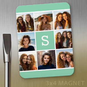 Photo Collage Custom Monogram Mint Green Magnet