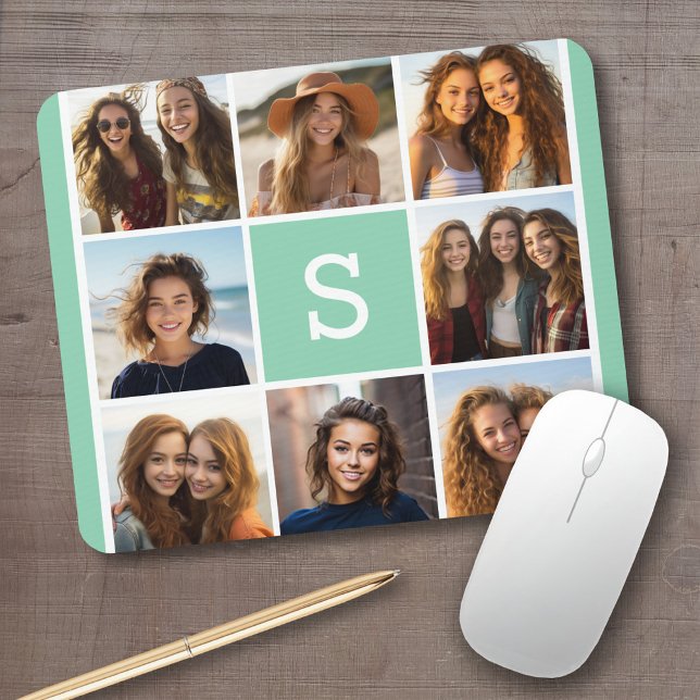 Photo Collage Custom Monogram Mint Green Mouse Pad (Personalized mousepad - add your photos and custom text)