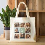 Photo Collage Custom Monogram Mint Green Tote Bag<br><div class="desc">You can use Instagram photos for this design. Use 8 square photos to create a unique and personal gift. Or you can keep the hipster puppy and make a trendy keepsake. If you need to adjust the pictures,  click on the customize tool to make changes.</div>