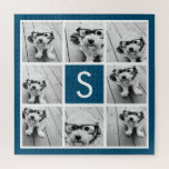 Photo Collage Custom Monogram Navy Blue Jigsaw Puzzle<br><div class="desc">You can use Instagram photos for this design. Use 8 square photos to create a unique and personal gift. Or you can keep the hipster puppy and make a trendy keepsake. If you need to adjust the pictures,  click on the customize tool to make changes.</div>