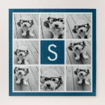 Photo Collage Custom Monogram Navy Blue Jigsaw Puzzle<br><div class="desc">You can use Instagram photos for this design. Use 8 square photos to create a unique and personal gift. Or you can keep the hipster puppy and make a trendy keepsake. If you need to adjust the pictures,  click on the customize tool to make changes.</div>