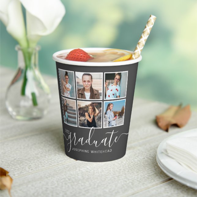Photo Collage Dark Grey Graduation Party Paper Cups (Insitu)