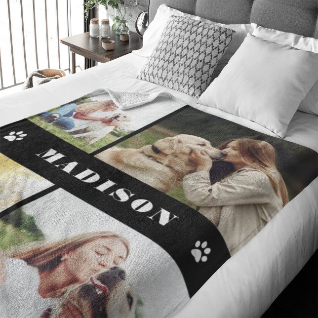 Photo Collage Dog Paws Black Fleece Blanket (Capture precious pet moments with our Modern Pet Photo Collage Fleece Blanket. )