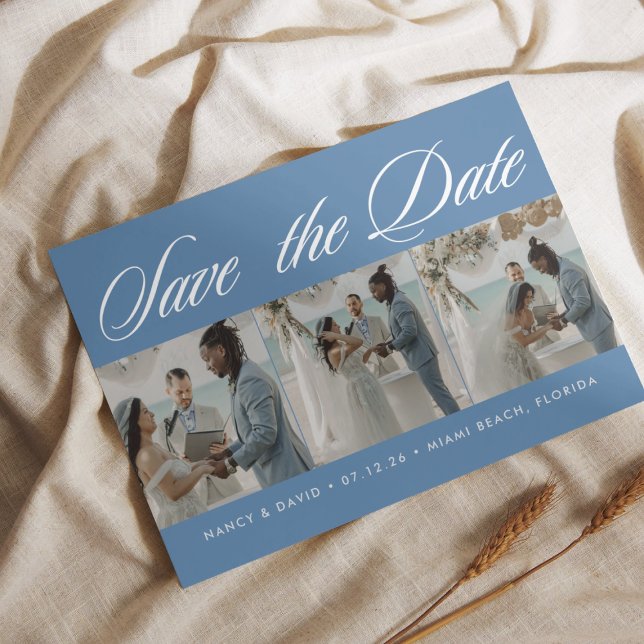 Photo Collage Dusty Blue Beach Wedding  Save The Date (Creator Uploaded)