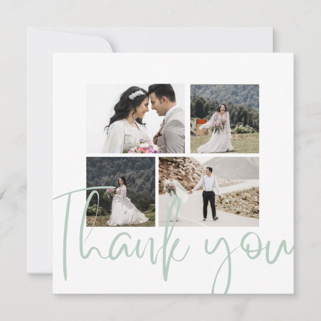 Photo Collage Elegant Sage Wedding Thank You Card (Front)