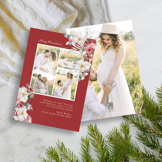 Photo Collage Élégante Carte de Noël (Elegant Red Holiday Photo Collage Christmas Card Red Berries White Botanicals 5 photos)