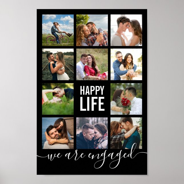 Photo Collage Engagement Party Black Poster (Front)