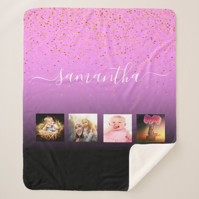 Photo collage family black violet pink monogrammed sherpa blanket (Front)