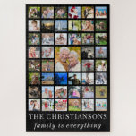 Photo Collage FAMILY IS EVERYTHING Black Jigsaw Puzzle<br><div class="desc">Personalize this photo collage puzzle with 45 photos, a family name or other title and your own saying or leave the FAMILY IS EVERYTHING sample text. Change the fonts and colours as desired. PHOTO TIP: For fastest/best results, choose a photo with the subject in the middle and/or pre-crop it to...</div>