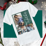 Photo collage family modern personalized Christmas T-Shirt<br><div class="desc">Modern photo collage family winter holiday shirt on a green (changeable colour) background with a trendy together handwriting script and white snowflakes overlay.             Personalize it with your pictures and text!</div>