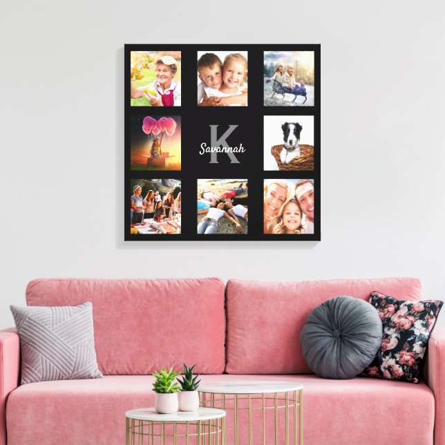 Photo collage family monogram black unique canvas print (Insitu(LivingRoom))