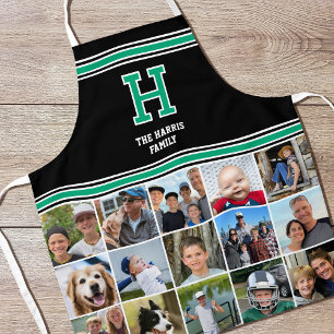 Photo Collage Family Monogram Green Black Apron