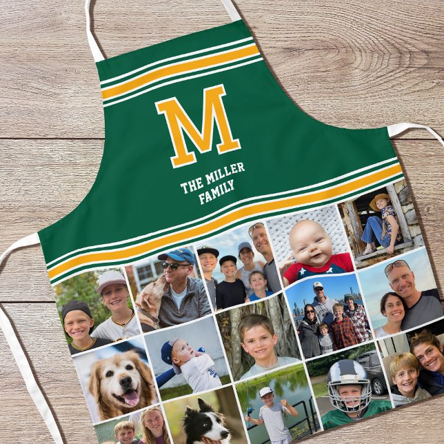Photo Collage Family Monogram Green Yellow Apron (Creator Uploaded)