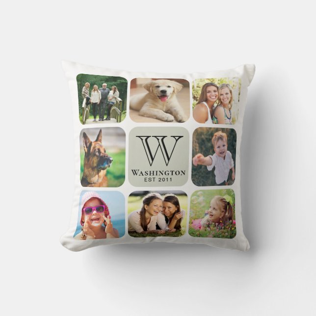 Photo Collage Family Monogram Throw Pillow (Front)