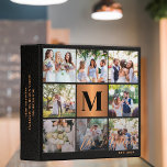 Photo collage family monogram wedding album binder<br><div class="desc">Stylish modern luxury monogrammed initial and signature script family name personalized wedding memories or planning album binder featuring a faux metallic gold copper square with initial letter,  8 custom photos,  wedding rings,  and your text over a black leather like (PRINTED TEXTURE) background.</div>