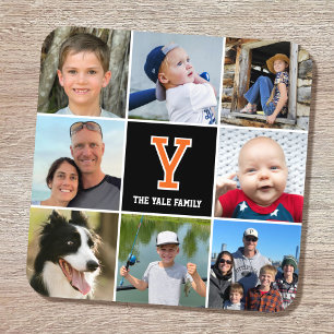 Photo Collage Family Monogrammed Orange Black Coaster