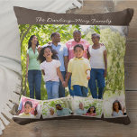 Photo Collage Family Name ZigZag Photo Strip Brown Throw Pillow<br><div class="desc">Personalize this happy throw pillow with your favourite family photos. The template is set up ready for you to add up to 5 photos and your family name (or custom text). The main photo will be used as the background and the remaining 4 photos will be laid out in a...</div>
