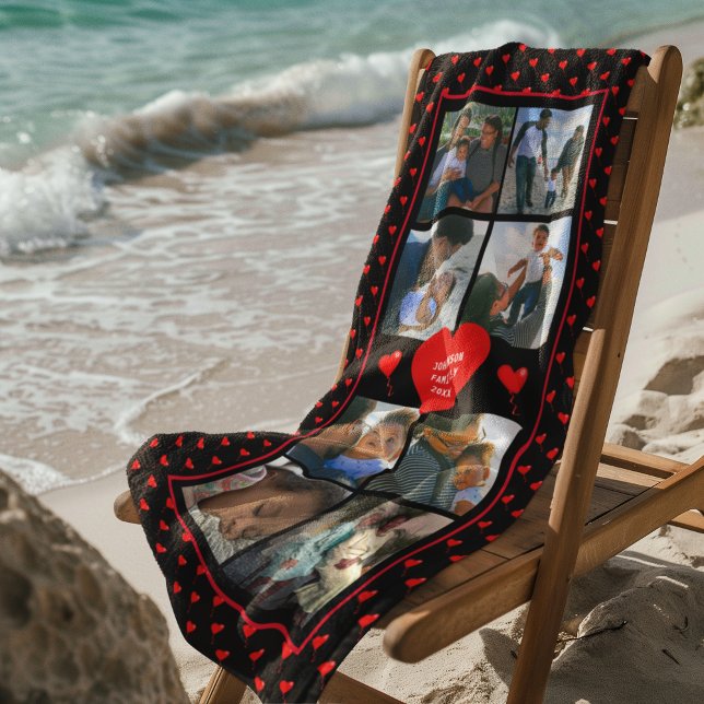 Photo Collage Family Personalized Red Heart & Name Beach Towel (Photo Collage Family Personalized Red Heart & Name Beach Towel)
