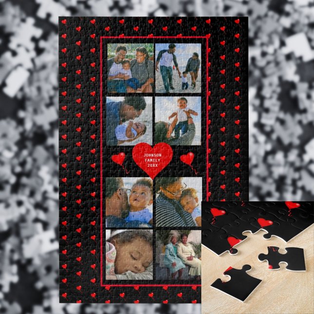 Photo Collage Family Personalized Red Heart & Name Jigsaw Puzzle (Photo Collage Family Personalized Red Heart & Name Jigsaw Puzzle)