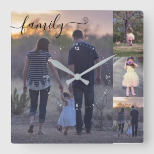 Photo Collage Family Photos Template Calligraphy Square Wall Clock