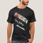 Photo collage film name birthday guy black T-Shirt<br><div class="desc">For a black/dark coloured t-shirt. Personalize and add a name and 3 photos inside the film roll frame. White text.</div>