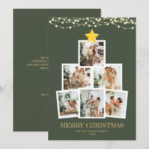 Photo Collage Forest Green String lights Christmas Holiday Card