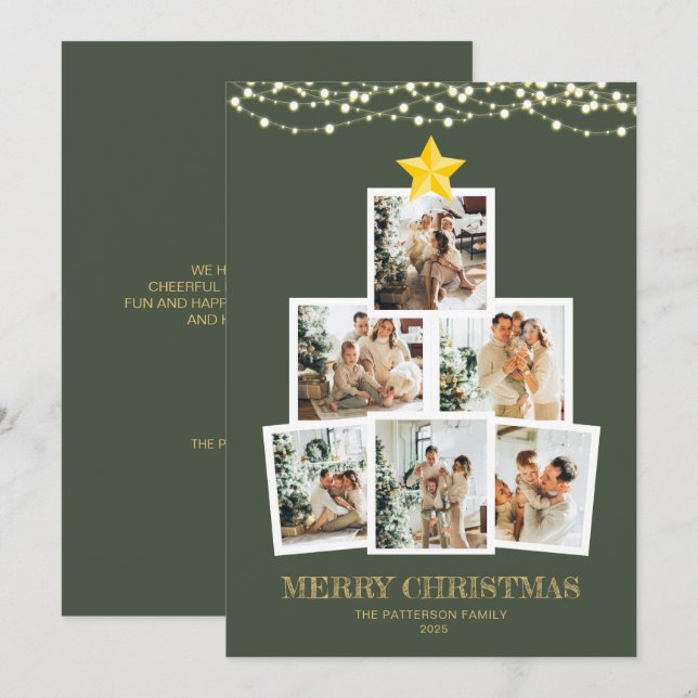 Photo Collage Forest Green String lights Christmas Holiday Card (Front/Back)