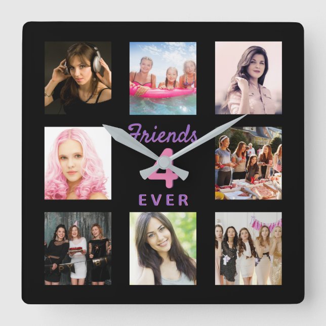 Photo collage friends forever photo black bff pink square wall clock (Front)