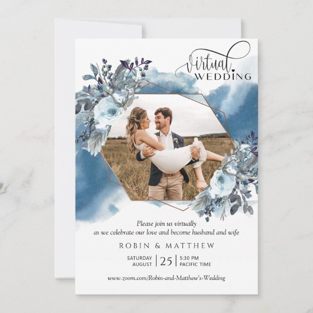Photo Collage, Geometrical Blue Virtual Wedding Invitation (Front)