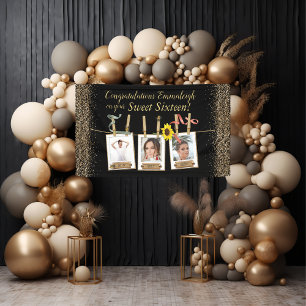 Photo Collage Gold Glitter Sweet 16 Birthday Banner