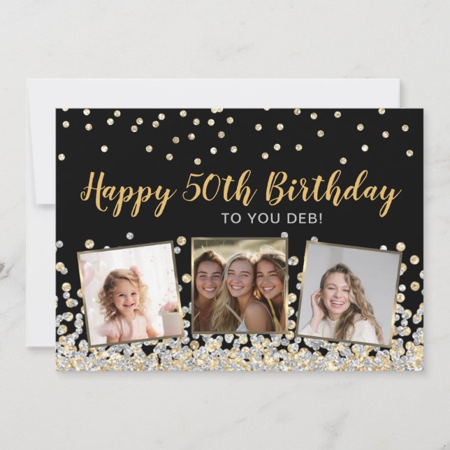 Photo Collage Gold Silver Confetti 50th Birthday Card (Front)