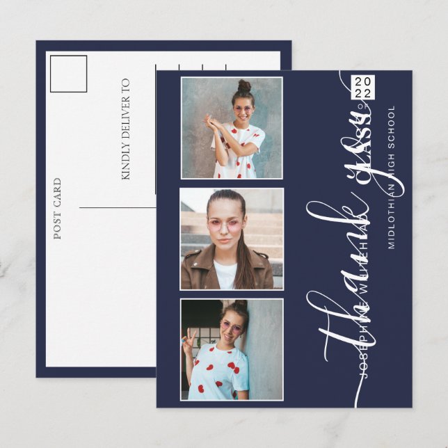 Photo Collage Graduation 2022 Thank You Navy Blue Postcard (Front/Back)
